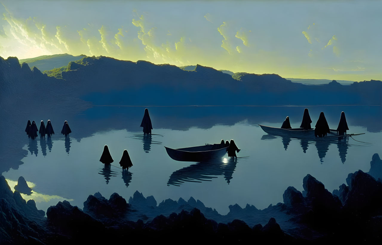 Person rowing boat on calm lake with mountain-like figures at dusk