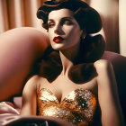 Vintage Hollywood Glamour: Woman in Golden Dress & Fur Stole