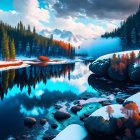 Snow-covered chalets in serene winter landscape with mountain lake and alpine peaks