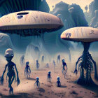 Surreal landscape with giant mushroom-like structures and humanoid figures in misty forest