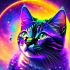 Colorful digital cat artwork with luminescent fur in space setting