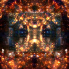 Symmetrical abstract fractal design in warm orange and yellow tones with deep purples and blues.