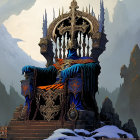 Fantasy figure on skull-adorned throne with minions in dark landscape