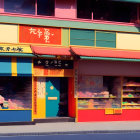 Colorful illustration of two people by candy-filled shop at sunset