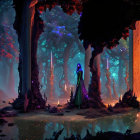 Mystical forest scene with ancient columns, cloaked figure, glowing lights, and temple