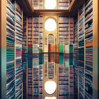 Grand library with tall wooden shelves, arched windows, and reflective floor