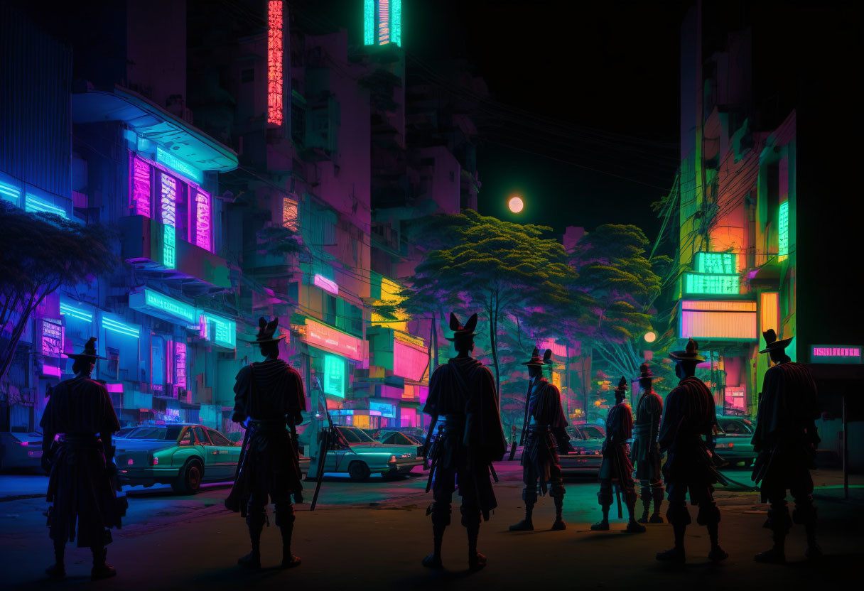 Futuristic city street at night with neon lights and figures in cowboy hats