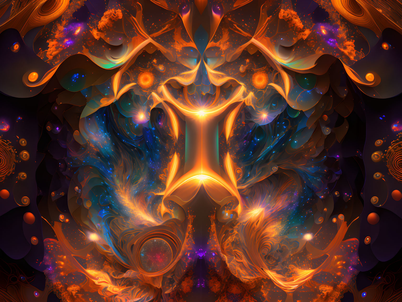 Symmetrical abstract fractal design in warm orange and yellow tones with deep purples and blues.