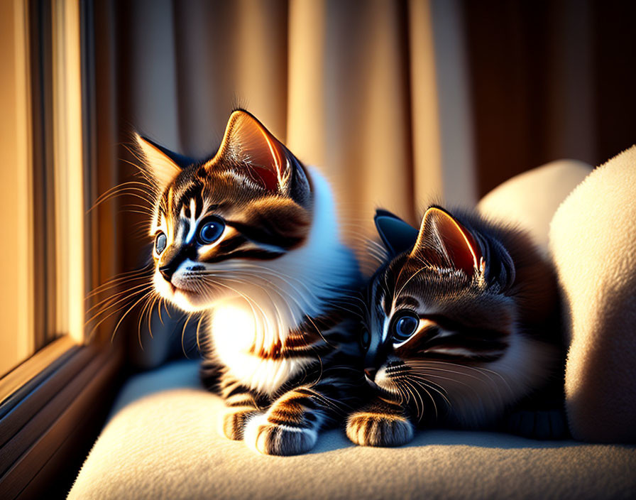 Two Striped Kittens Sitting by Window in Golden Sunset Light