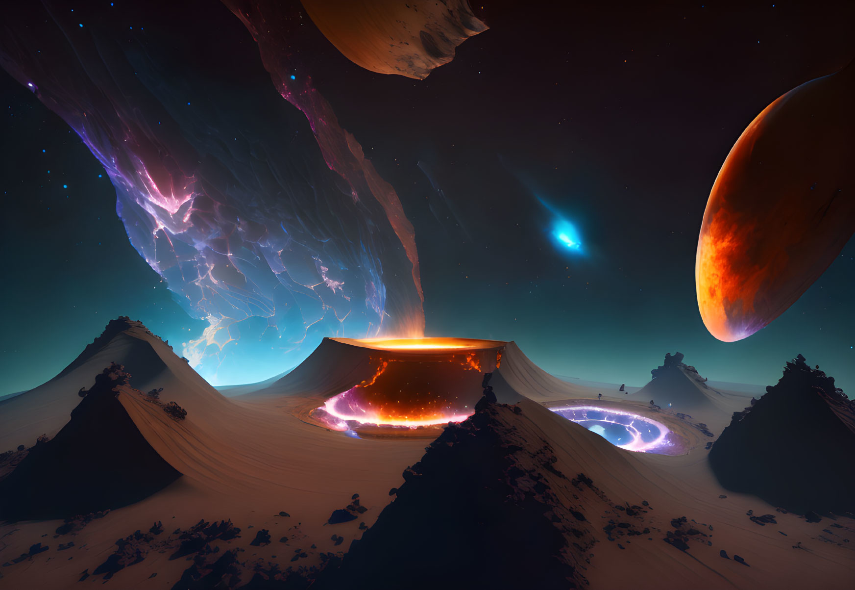 Surreal sci-fi landscape with glowing lava crater under starry sky