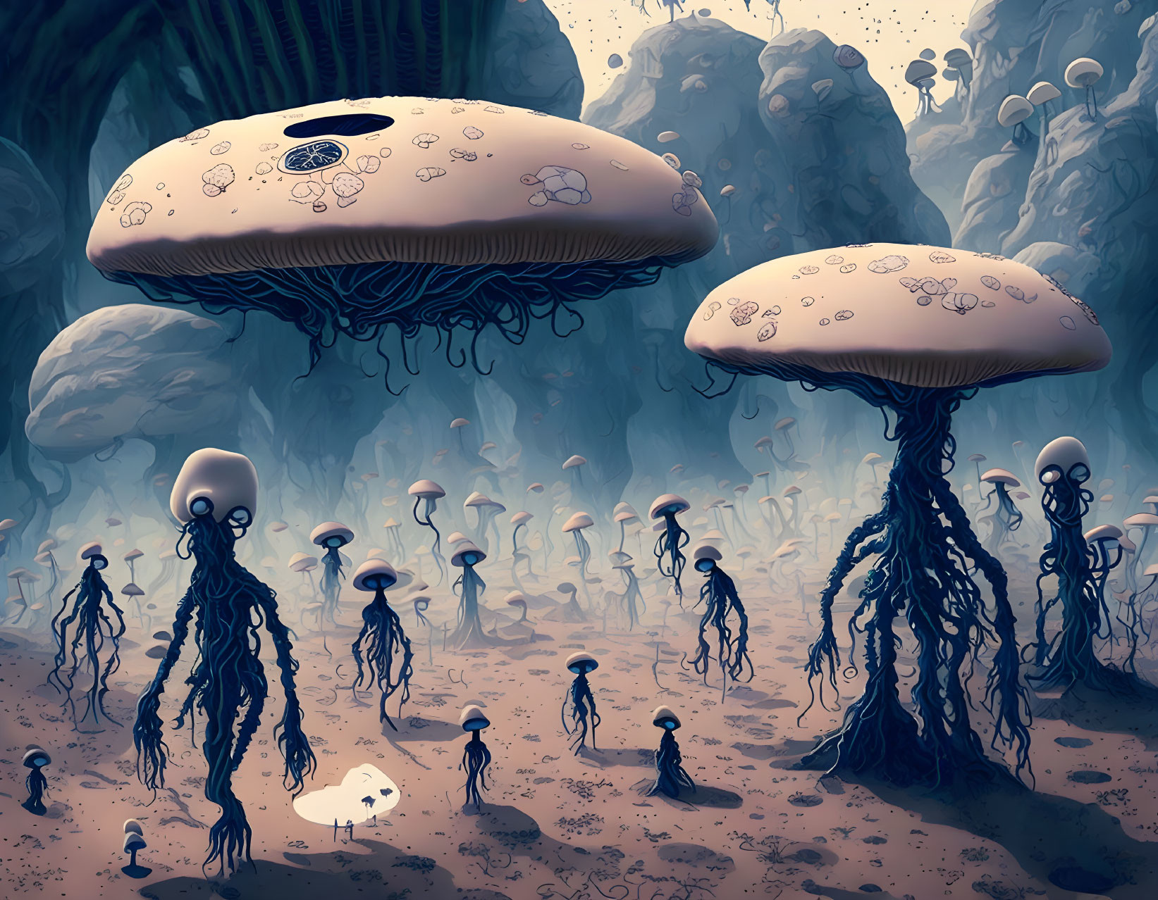 Surreal landscape with giant mushroom-like structures and humanoid figures in misty forest