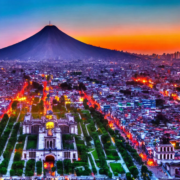 Twilight urban landscape with mountain backdrop and city lights.