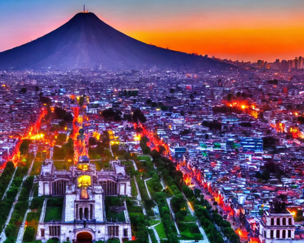 Twilight urban landscape with mountain backdrop and city lights.