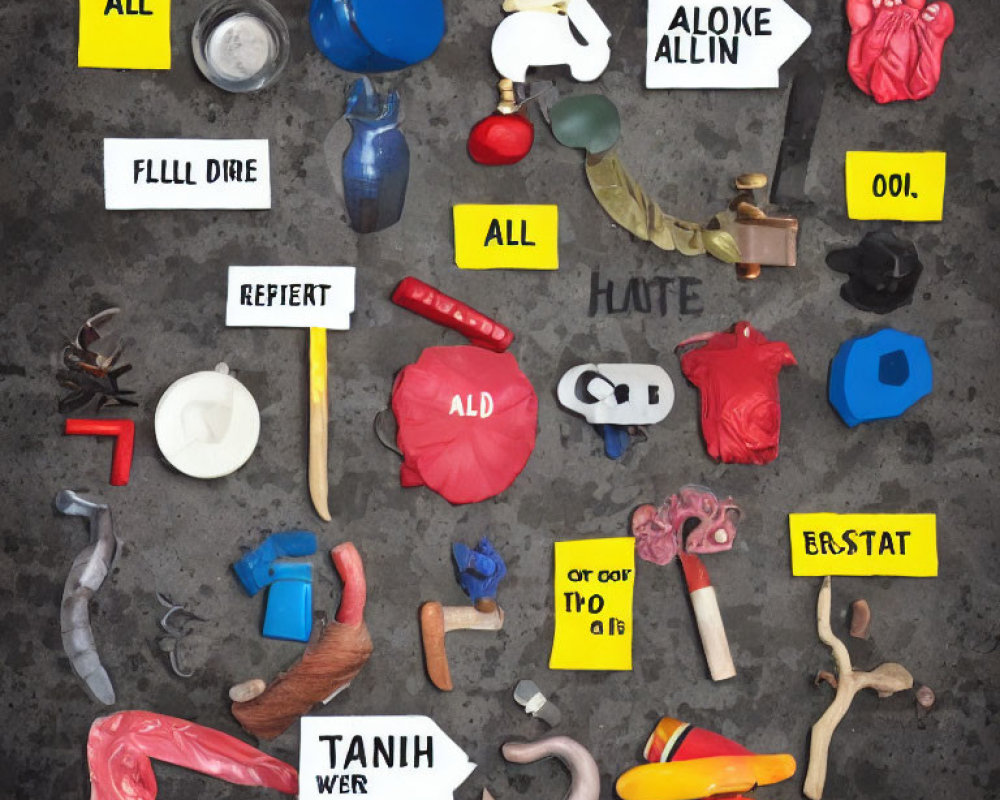 Assorted objects on gray background: life vest, tools, heart models, flask, scuba mask