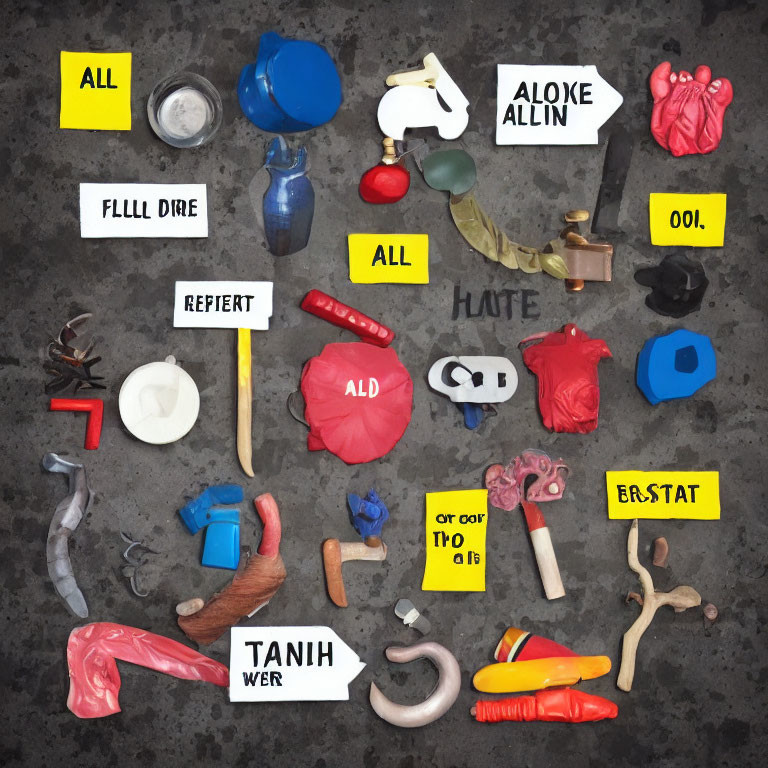 Assorted objects on gray background: life vest, tools, heart models, flask, scuba mask