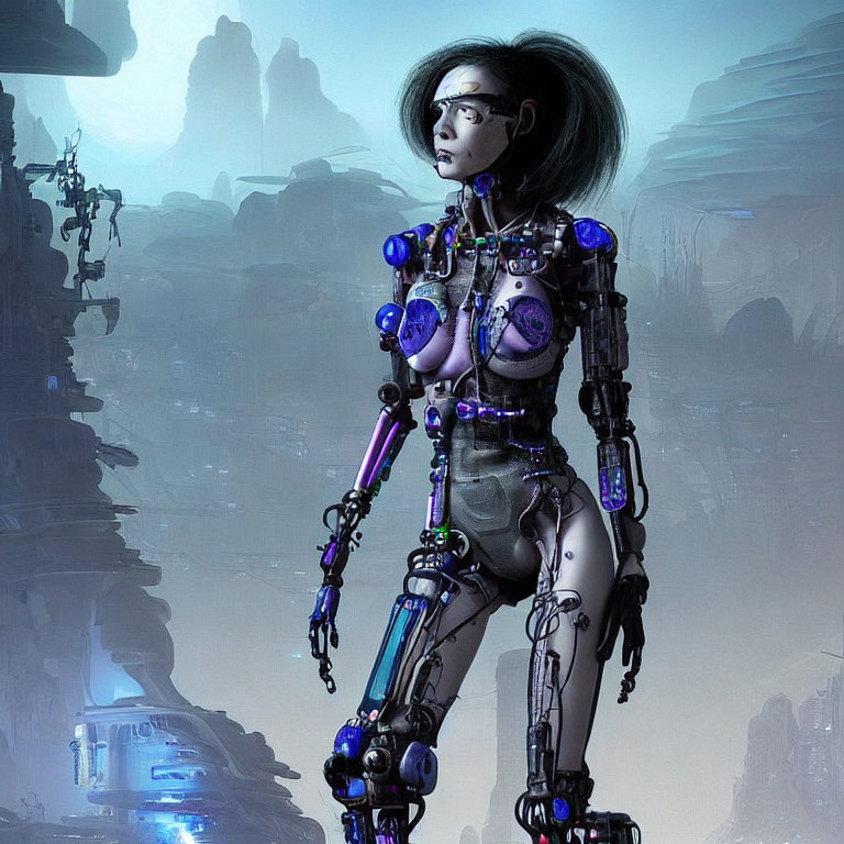 Female android with cybernetic enhancements in futuristic landscape.