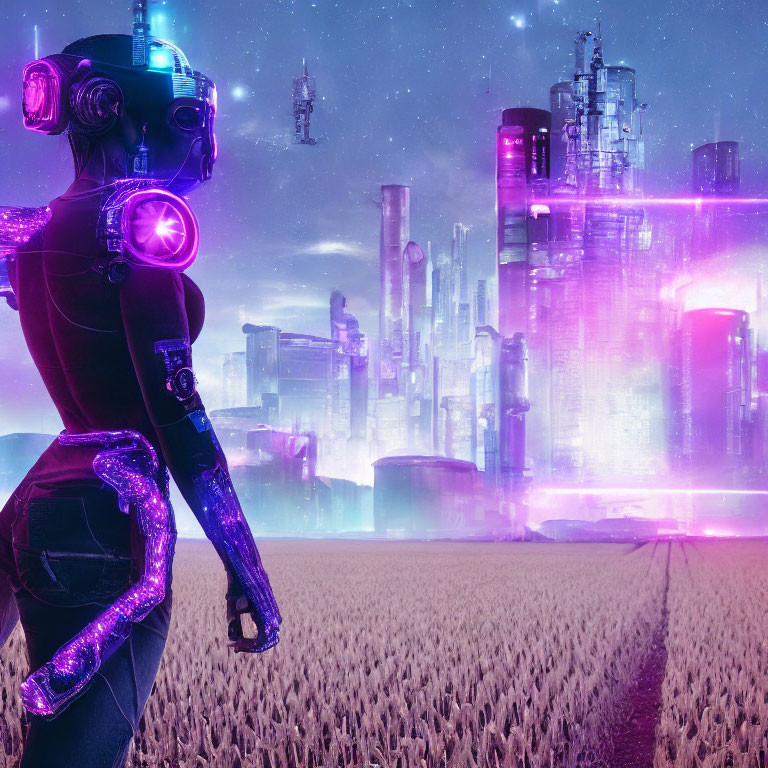 Futuristic humanoid robot overlooking glowing cityscape at dusk