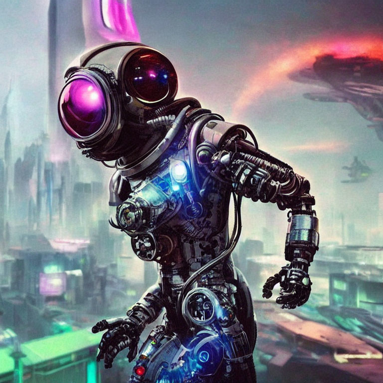 Futuristic robot with purple glowing eyes in sci-fi cityscape