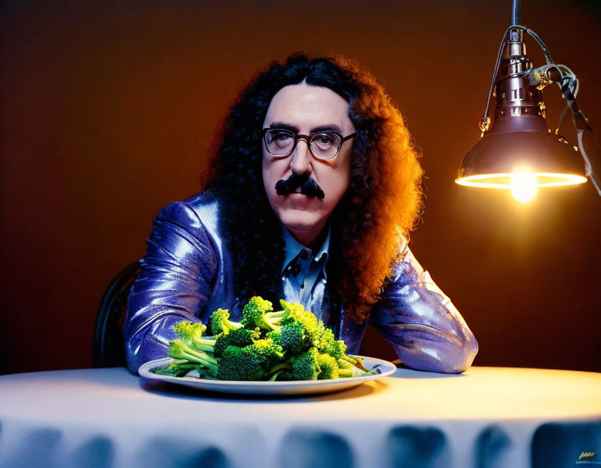 Curly-Haired Person with Glasses Contemplating Broccoli at Table