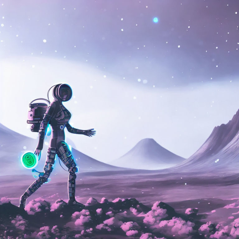 Futuristic astronaut explores purple alien landscape with glowing blue accents