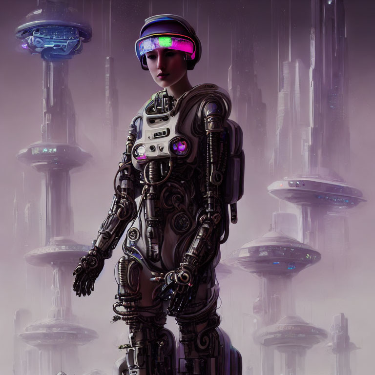 Intricate humanoid robot with glowing elements in futuristic sci-fi setting