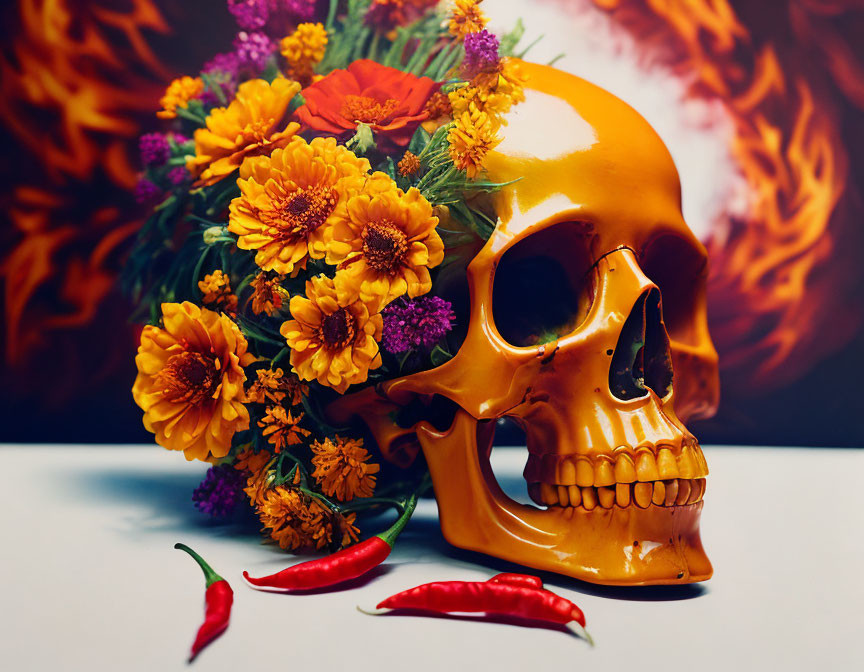 Colorful skull art with flowers and chili peppers on table