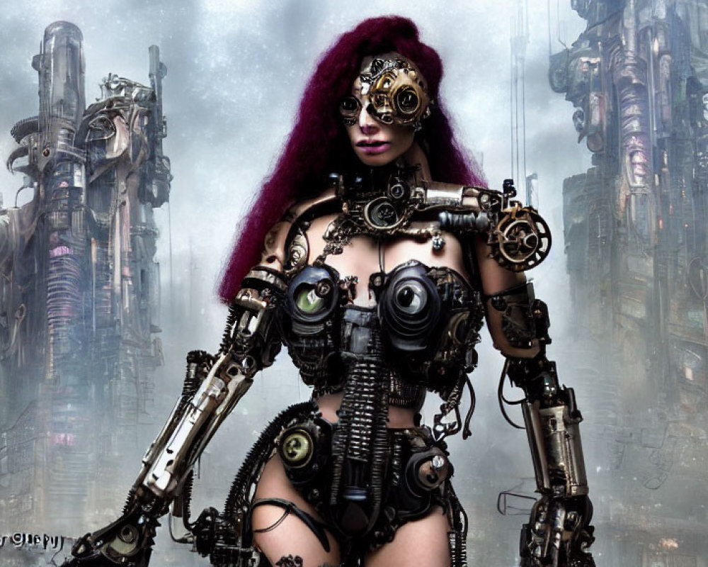 Steampunk cyborg woman in intricate attire against industrial backdrop