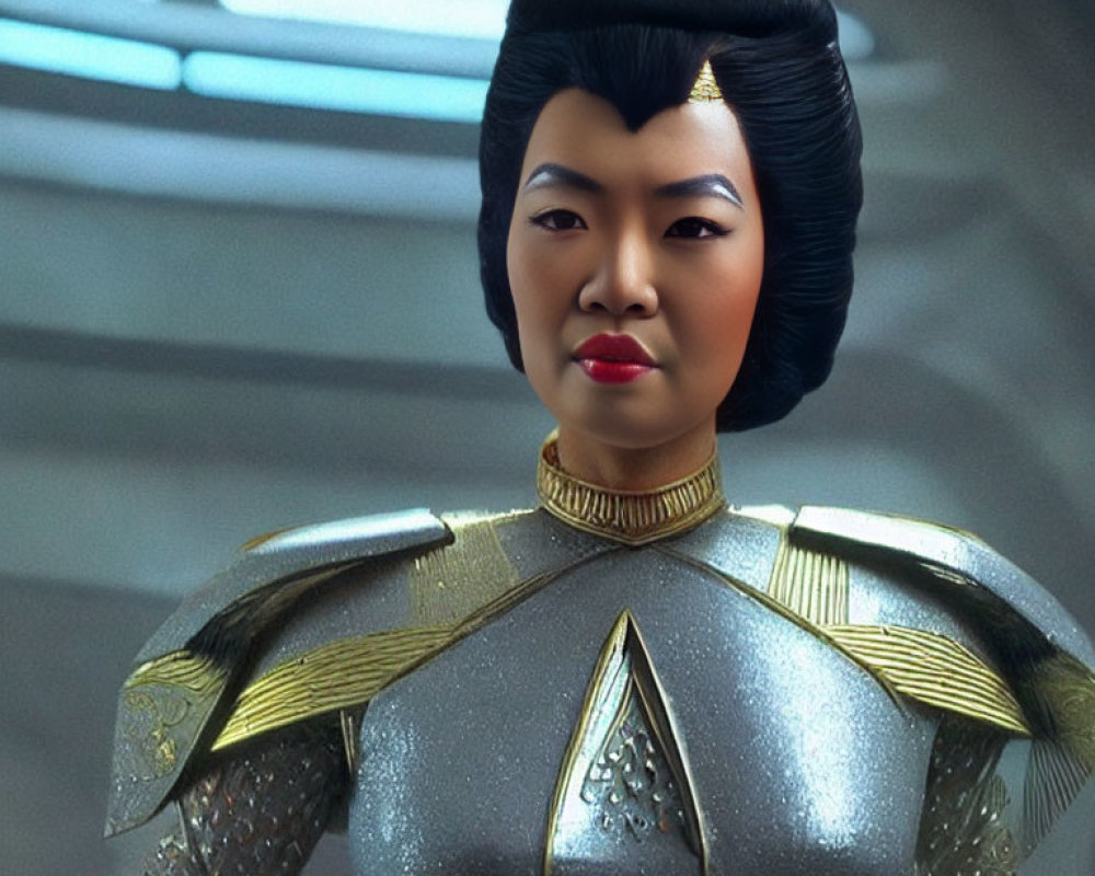 Elaborate Updo Hairstyle Woman in Futuristic Armor on Spaceship