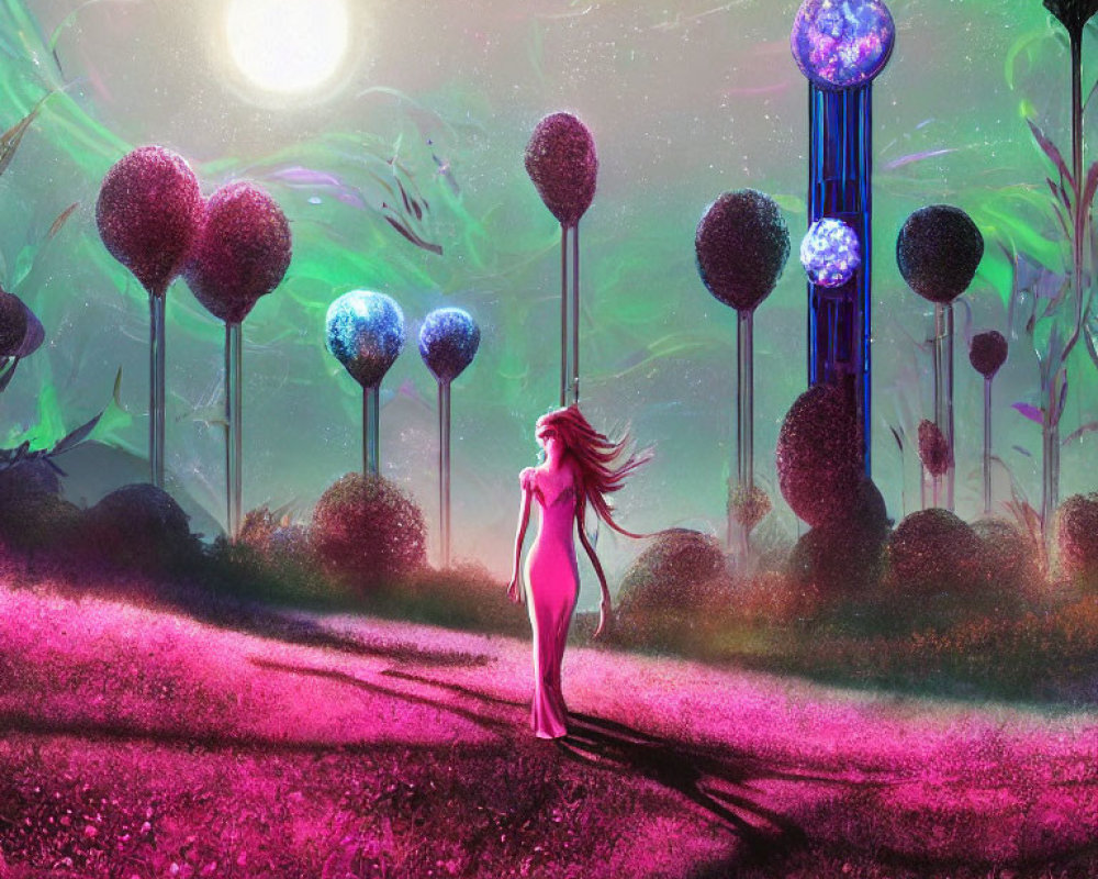 Pink-haired girl walks in magical forest under green aurora-lit sky