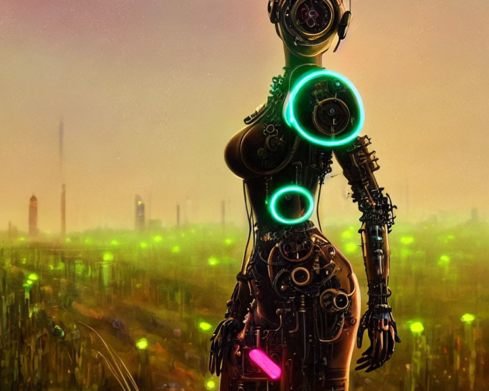 Futuristic robot with glowing green parts in dystopian cityscape.