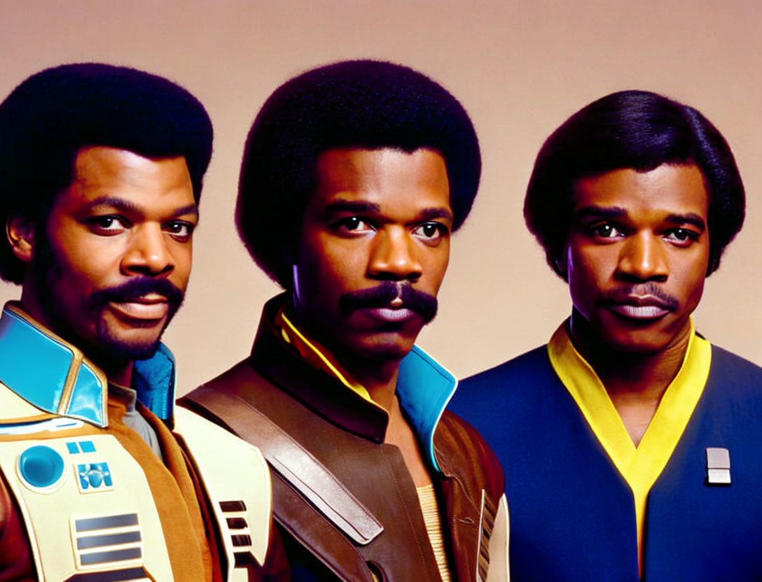 Three Men in Colorful Futuristic Costumes with Afros on Tan Background