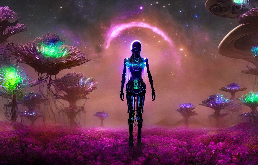 Humanoid Robot in Vibrant Alien Landscape with Glowing Plants and Spaceships