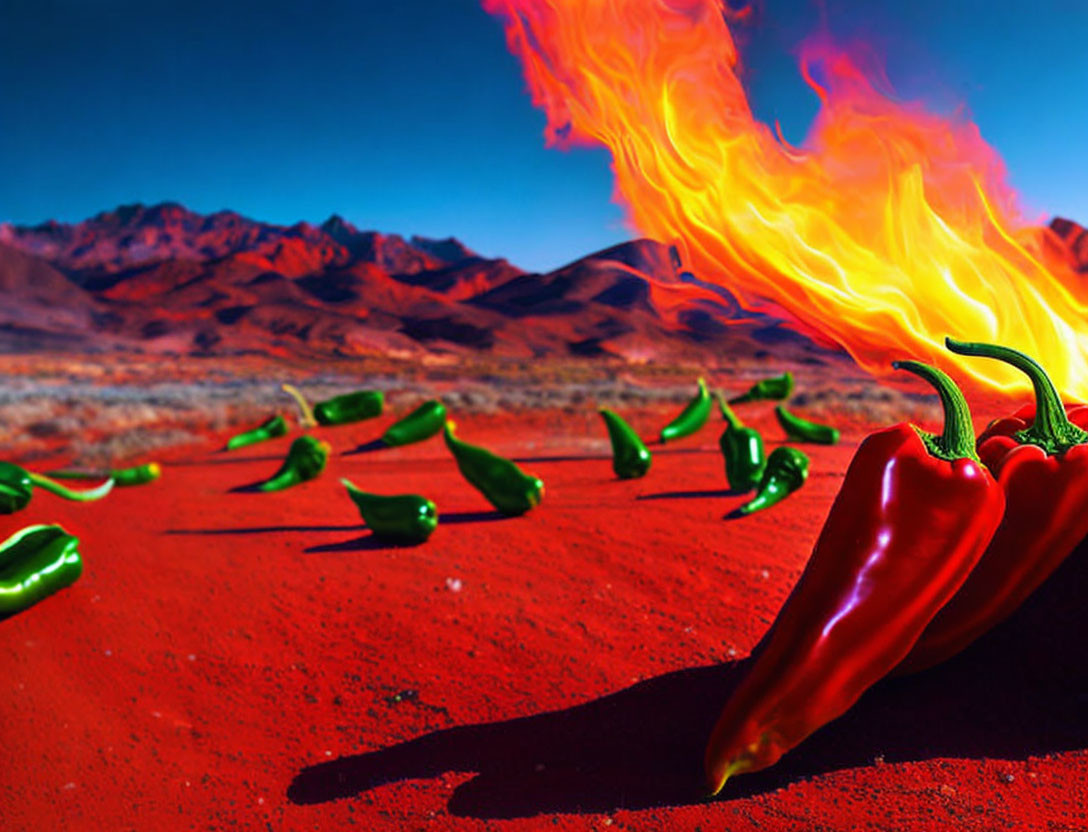 Vibrant red chili pepper with flames, green chilis, and mountain backdrop