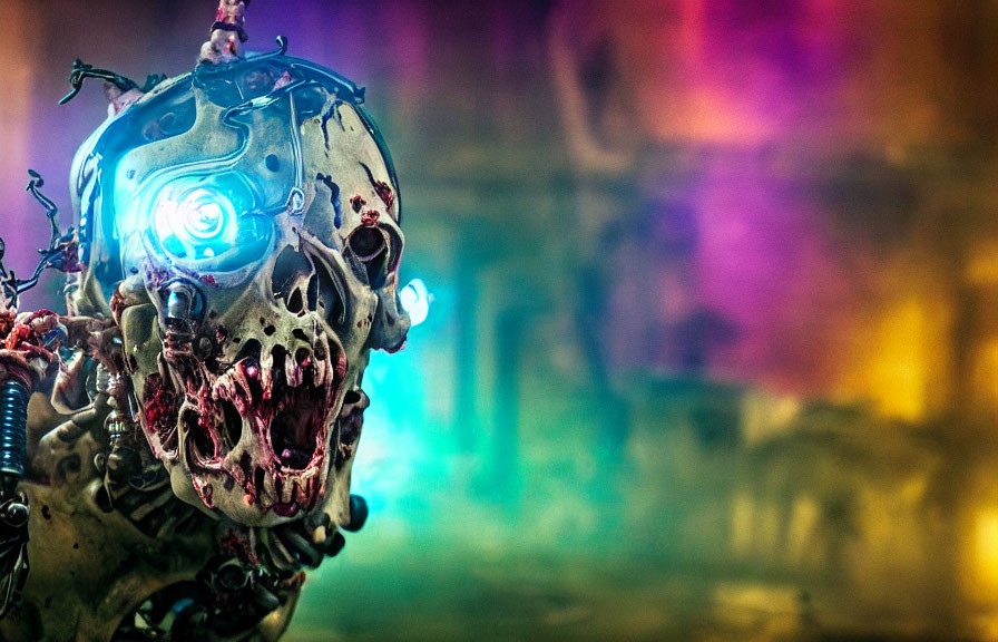 Detailed Robotic Skull with Glowing Blue Eyes on Colorful Background