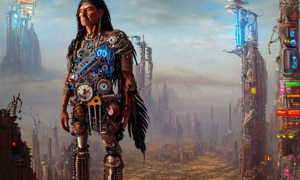 Native American figure with cybernetic enhancements in futuristic cityscape