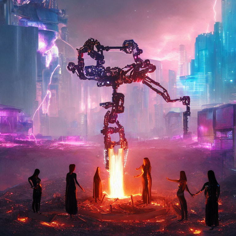 Futuristic cityscape at dusk with neon-lit figures and robotic forge