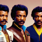 Three men with afro hairstyles in vintage futuristic uniforms on beige background.