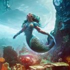 Intricate teal-haired mermaid swimming near vibrant coral with Saturn-like planets