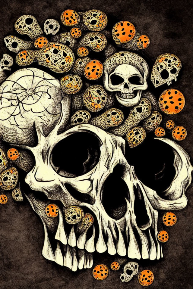 Cluster of Skulls and Pumpkin-Like Carvings on Dark Textured Background