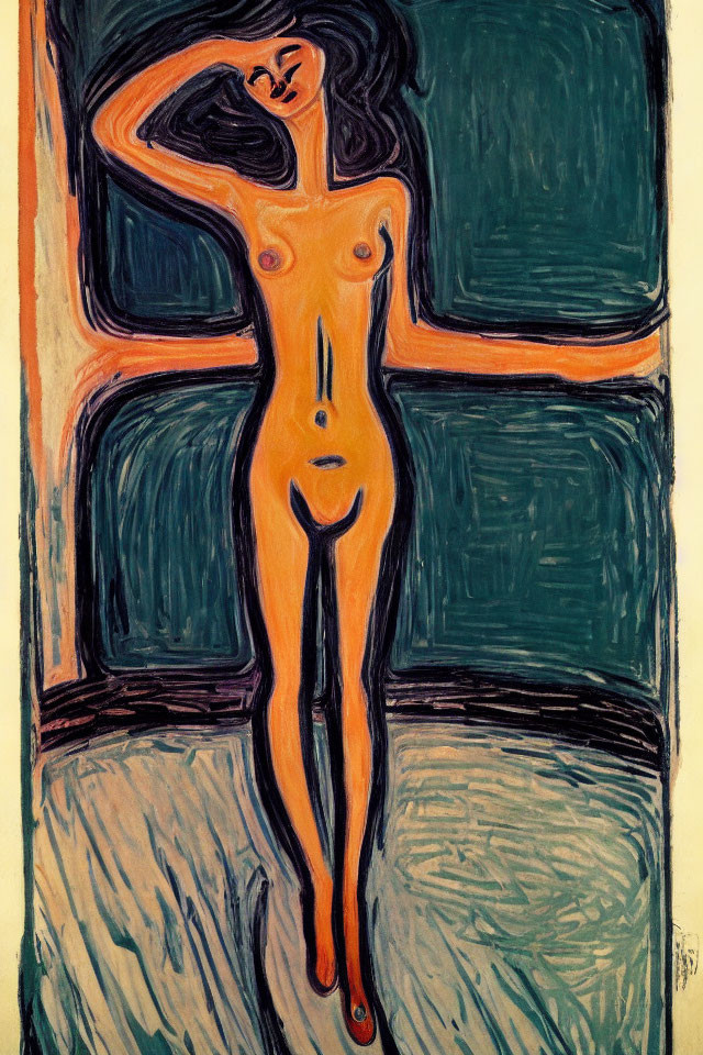 Vibrant expressionist painting of nude female figure on green and orange backdrop