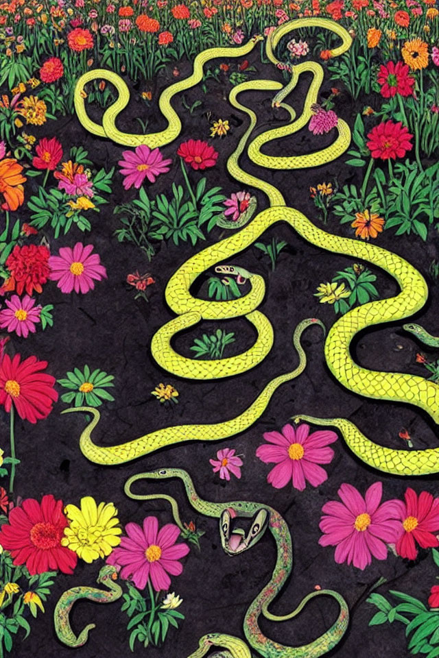 Colorful illustration: Yellow snake in vibrant flower field