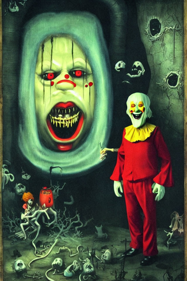 Creepy room with clown pointing at grotesque face