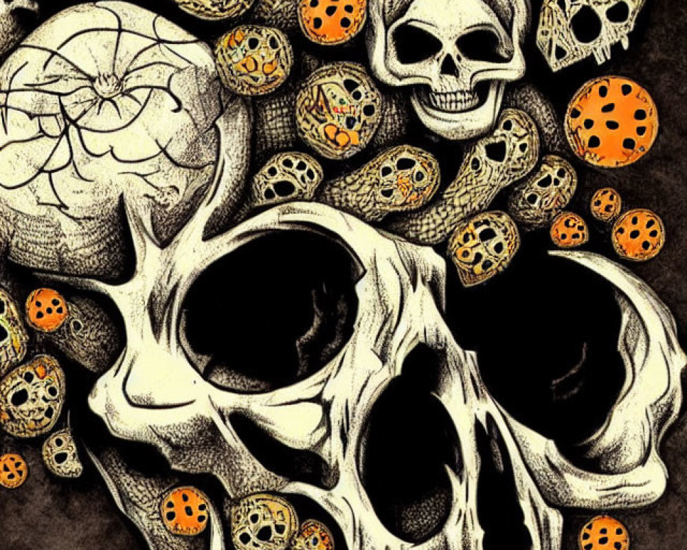 Cluster of Skulls and Pumpkin-Like Carvings on Dark Textured Background