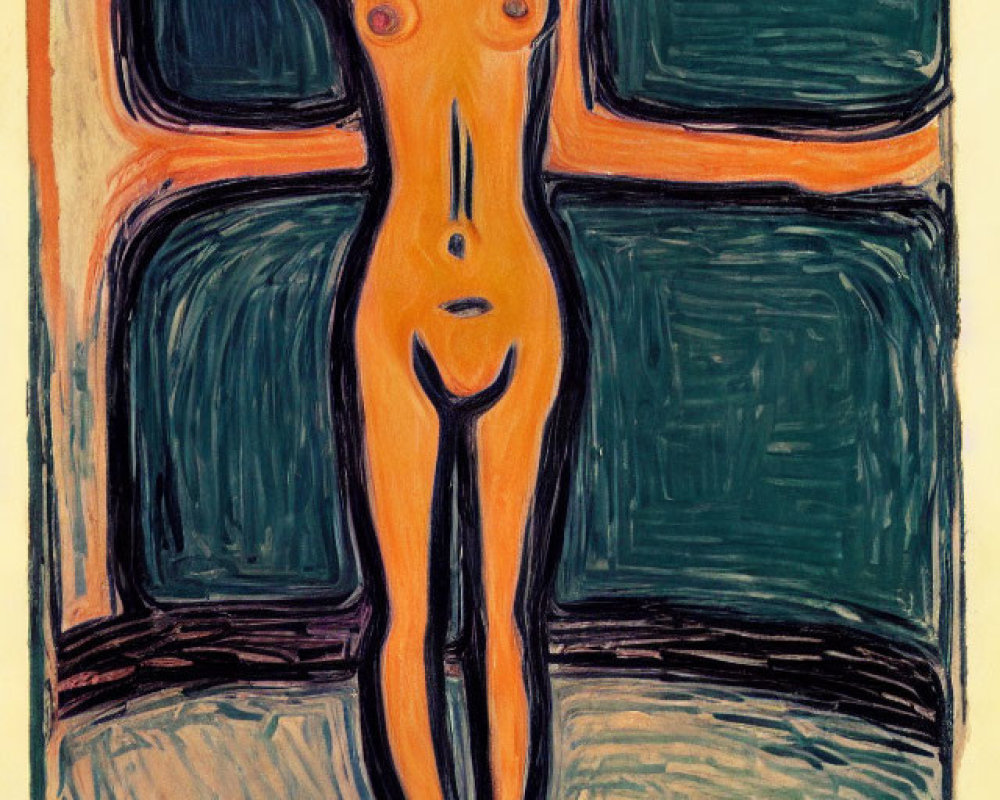 Vibrant expressionist painting of nude female figure on green and orange backdrop