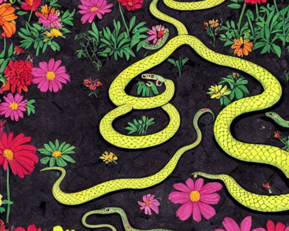 Colorful illustration: Yellow snake in vibrant flower field