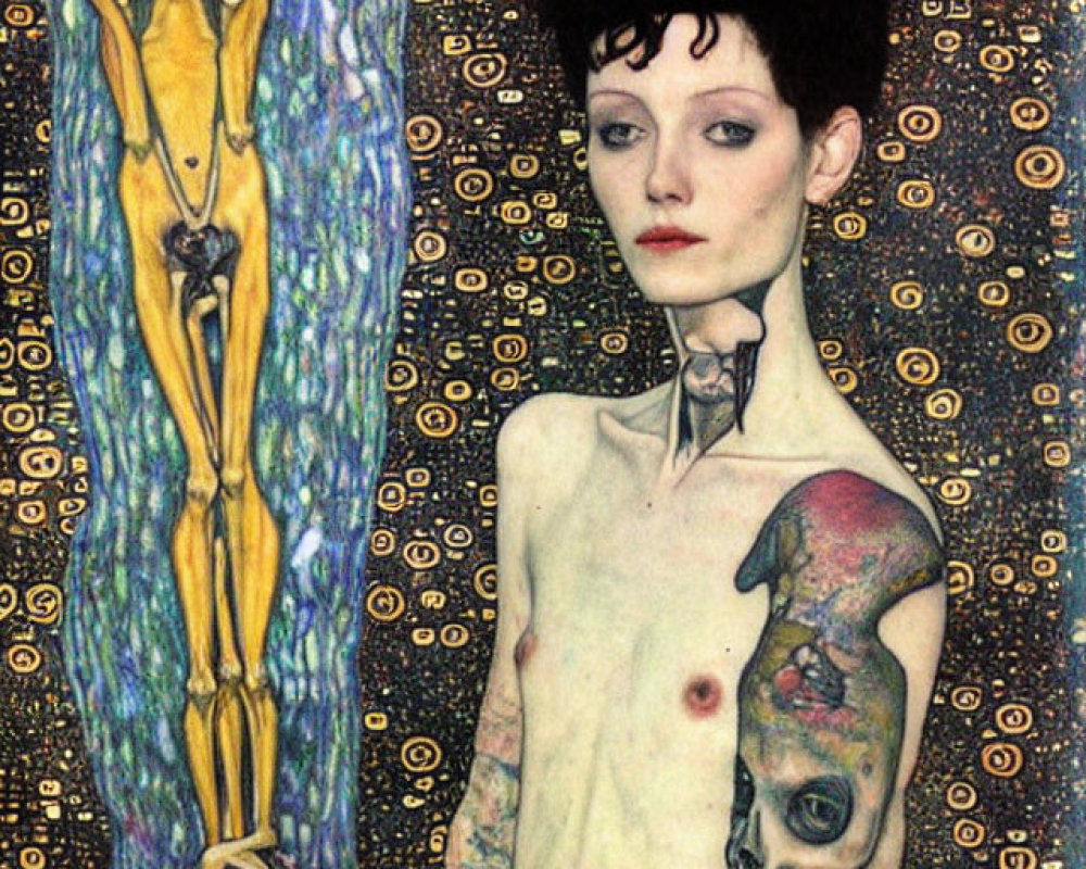 Stylized painting of person with short haircut and tattoos, golden figure, colorful bird, and circular