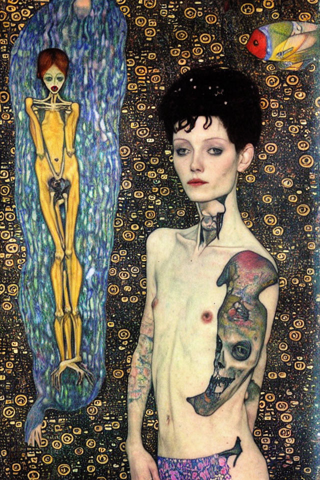 Stylized painting of person with short haircut and tattoos, golden figure, colorful bird, and circular