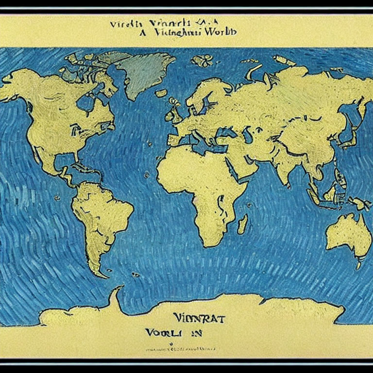 Vintage-style world map with distorted landmasses and decorative text