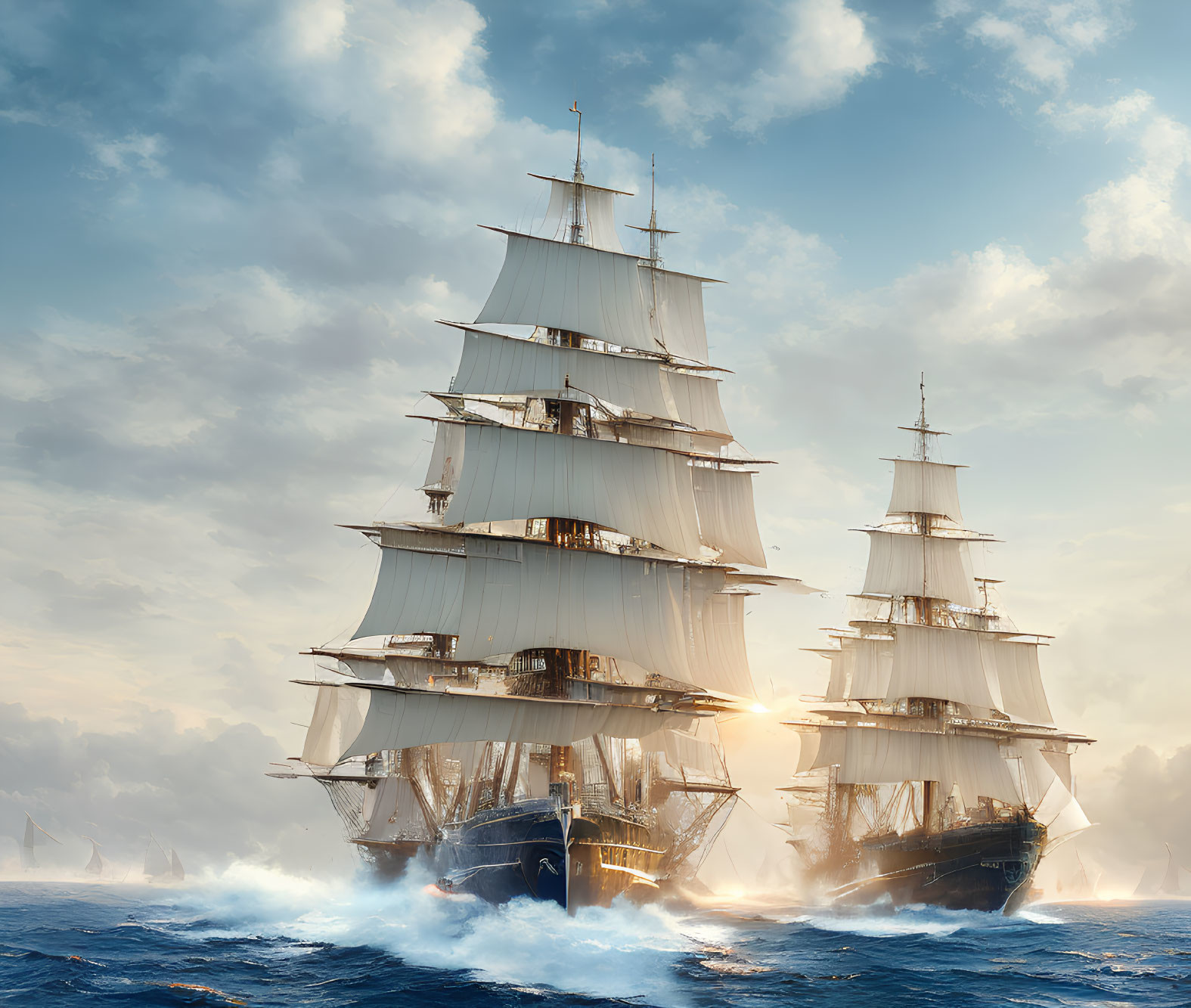 Two majestic tall ships sailing on sunlit ocean with billowing sails.