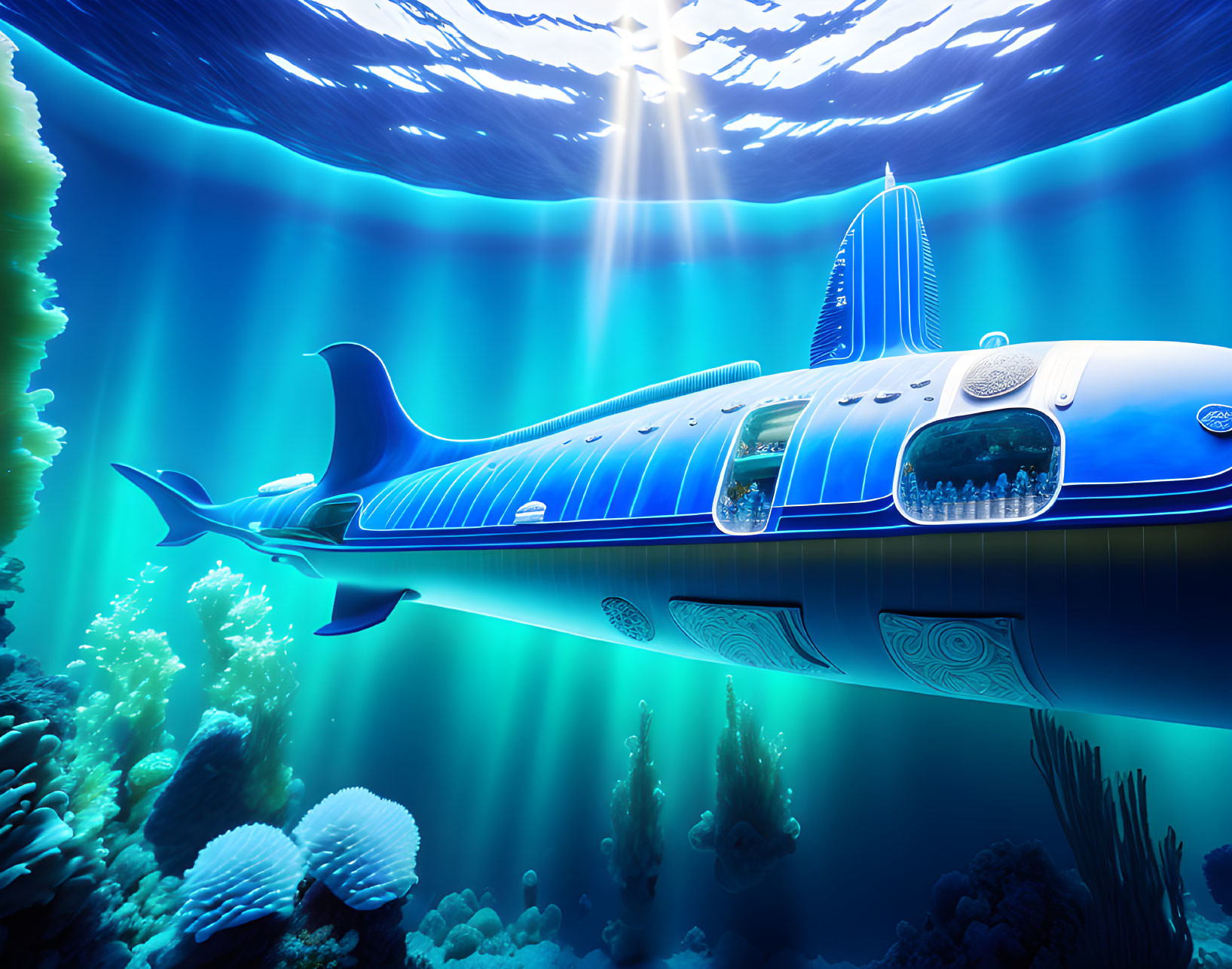 Blue whale-shaped submarine exploring underwater coral reefs.